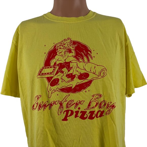 Quicksilver Stranger Things T Shirt Mens Size L Yellow Surfer Boy Pizza TV Show - Picture 1 of 5